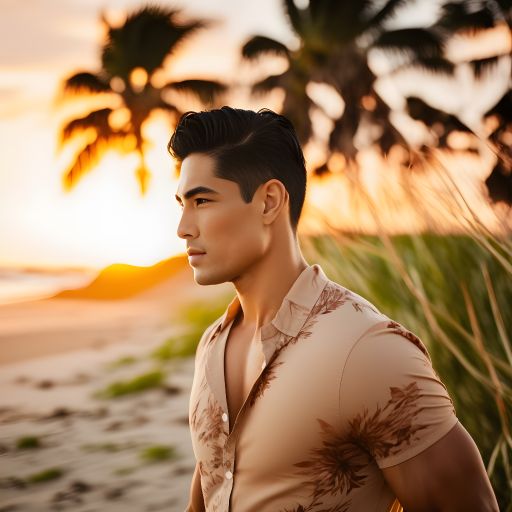With the sun creating a stunning golden glow, this portrait captures an Asian man walking along a tropical beach with a blurry background.