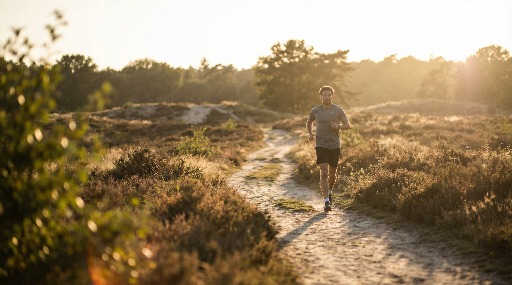 Man jogging on a sunlit trail through a scenic landscape.