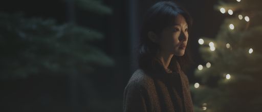 Asian woman in vintage christmas sweater. Forest at golden hour.