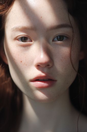 close-up of asian woman with freckles and pale skin