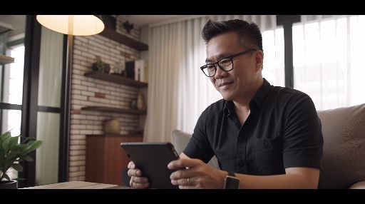 Middle-aged asian man on couch with tablet