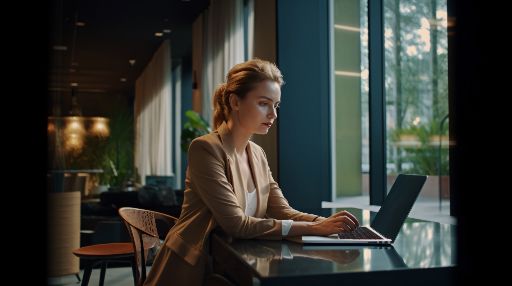 Evening work: woman on desktop computer in office