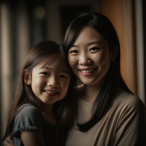 Asian girl with mother indoors