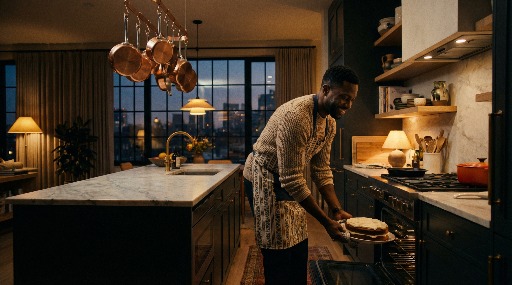 Man placing a cake into the oven in a cozy kitchen.