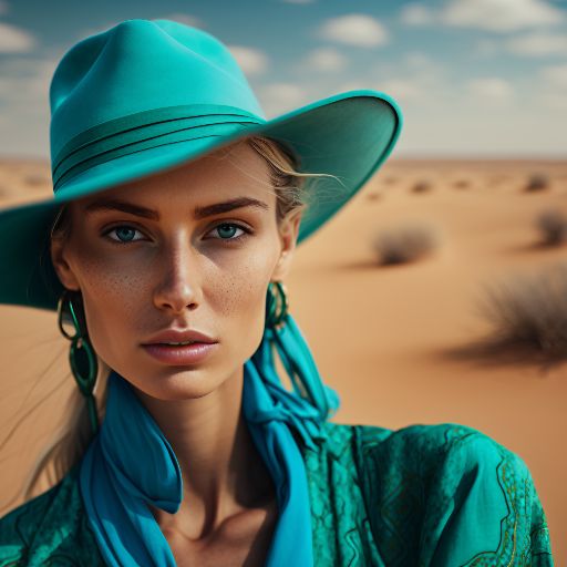 Colourful desert: Woman wearing colorful dress with aqua green accents  on desert background
