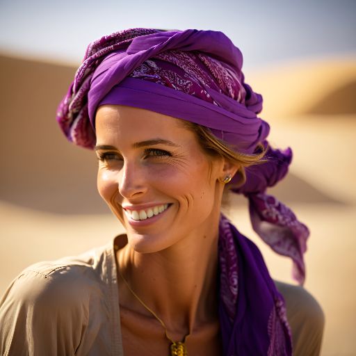 Colorful desert: A woman in a colorful dress with purple accents against a desert background