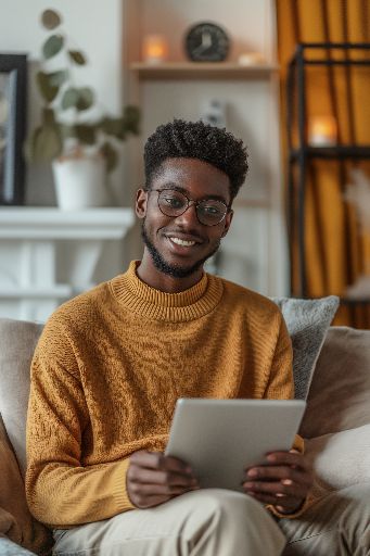 Smiling young man with glasses using a tablet on a cozy sofa