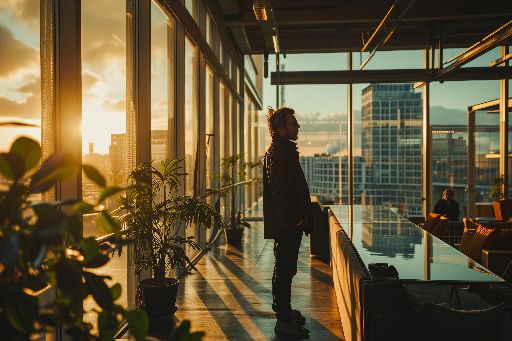 Person gazing out of a high-rise building at sunset
