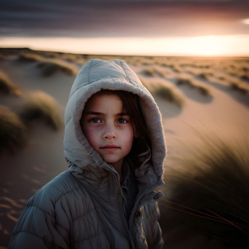 A young child takes a peaceful walk through the dunes as the sun sets, their face full of wonder and awe.