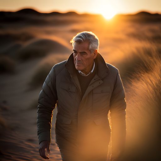A man takes a solitary walk through the dunes as the sun sets, the colors of the sky reflecting on the sand.