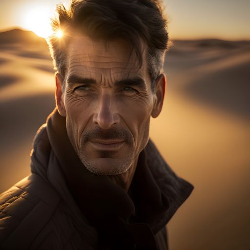 A man walks through the dunes, his face etched with contemplation as the sun dips below the horizon.