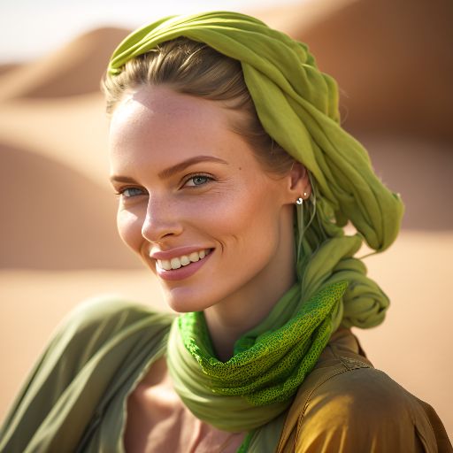 Colourful desert: Woman wearing colorful dress with green accents  on desert background