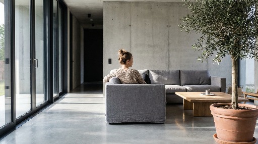 Woman sitting on a gray sofa in a modern, minimalist living room.