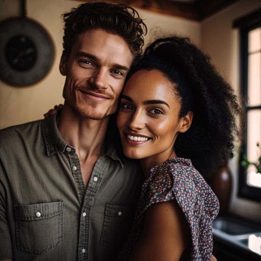 Portrait of happy American couple fashion model at home d
