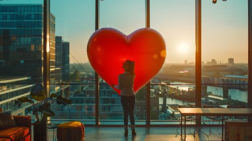Person holding a large heart-shaped balloon in a room with cityscape