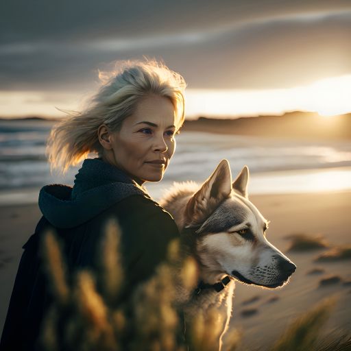 Winter Sun at the Beach: A Portrait of a Beautiful 55-Year-Old Woman Walking Her Dog