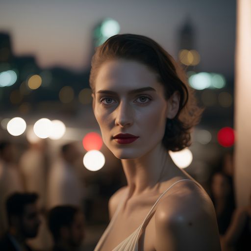 Woman at rooftop party, city skyline twinkling in the night.