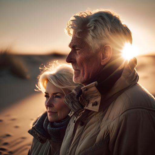 A portrait of a couple in their 60s, their faces etched with love and devotion as they walk through the dunes.