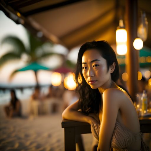 Portrait of an asian woman at a tropical beach bar at sunset