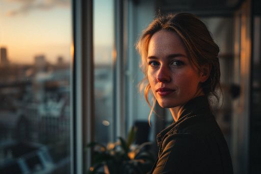 Woman gazing out a window at sunset in an urban setting