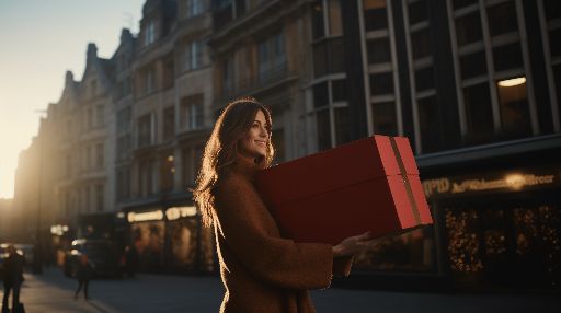 Woman holding a large gift box on a vibrant city street