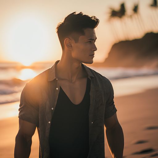 An Asian man in his thirties, walks on a tropical beach with a relaxed smile, amidst the blurriness of a golden hour backdrop.