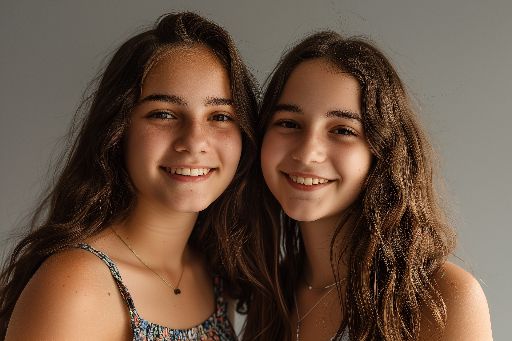 Portrait of twin girls with similar features smiling