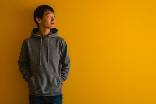 Young person in a hoodie against a vibrant yellow background