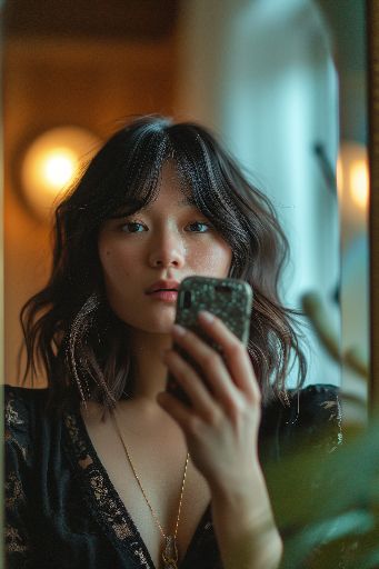 Woman gazing into a mirror holding a smartphone