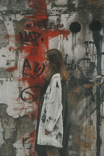 Woman in front of a graffiti-covered wall, evoking urban decay