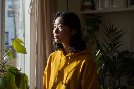 Woman in yellow hoodie gazing out window, sunlight and plants