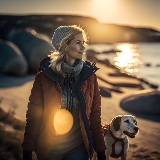 Winter Sun at the Beach: A Portrait of a Beautiful 45-Year-Old Woman Walking Her Dog