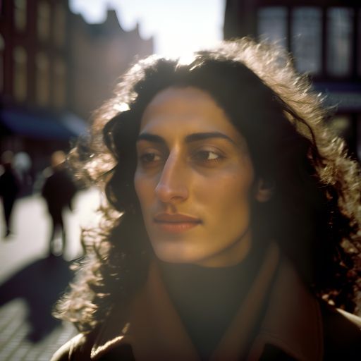 Sunlit Amsterdam Street: Portrait of a Woman with Long Black Hair
