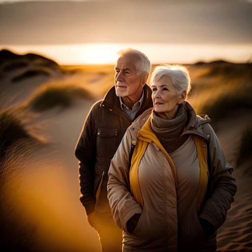 A portrait of a mature couple, captured in the moment as they take a walk through the picturesque dunes.