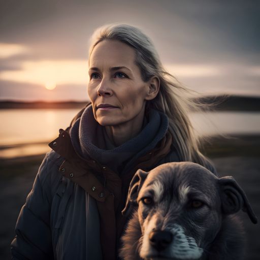 portrait of a beautiful 55 years old swedish women walking her dog at the beach during winter on a sunny day