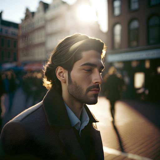 Winter Afternoon in Amsterdam: Portrait of a 30-45 Year Old Man with Dark Hair Wearing a Coat in the Sun-Glow of the Streets