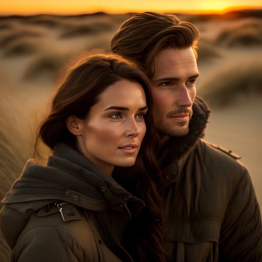 portrait of a beautiful dutch couple walking at the dunes at dusk