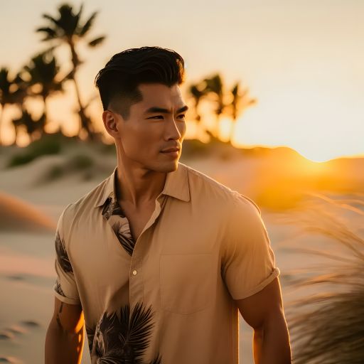 A golden hour tropical beach is the perfect setting for this portrait of an Asian man, who appears to be in his thirties, walking with a sense of purpose.