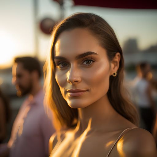Woman basks in golden rooftop party glow.