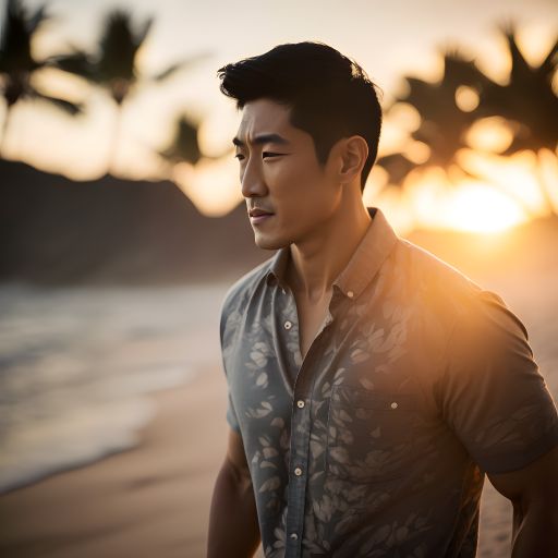 A portrait of an Asian man, who appears to be in his thirties, taking a stroll on the sandy beaches of a tropical paradise.