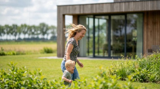 Woman and child enjoying a sunny day outside a modern house.