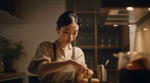 Asian woman cooking at home