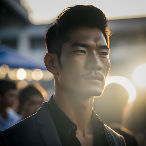 An asian man looking away from the camera at a rooftop party at night