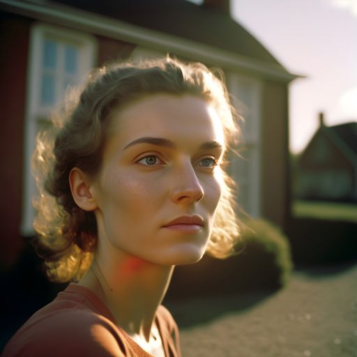 "Sunlit Splendor: A Woman's Portrait in Front of a Home"