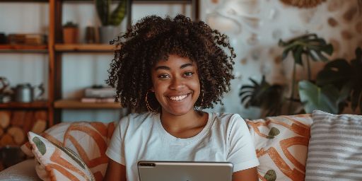 Smiling woman with curly hair sitting with a tablet on a cozy couch