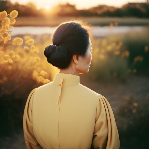 Golden hour portrait of mid 40s asian woman amidst nature, viewed from behind.