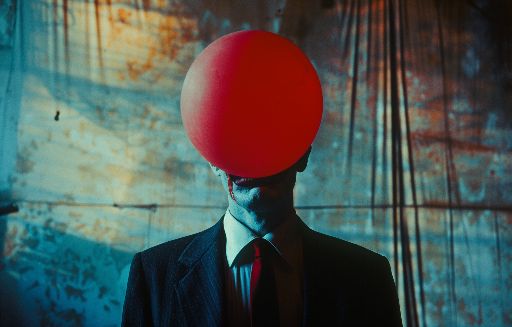Person in suit with red balloon obscuring face against grunge backdrop