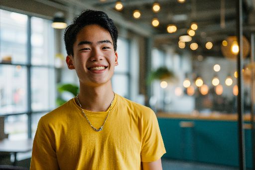 Smiling young man in yellow shirt with office lights in background