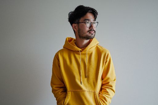 Man in yellow hoodie looking contemplative against a neutral background