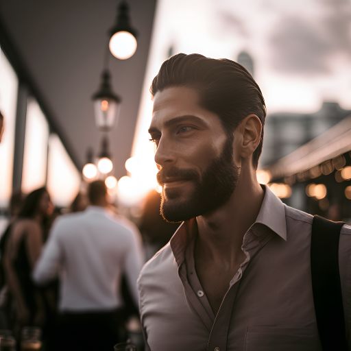 Portrait beautiful man walking at rooftop party Depth of